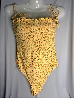 Simons Yellow Floral Smocked One-Piece Swimsuit, Size Small, NWT
